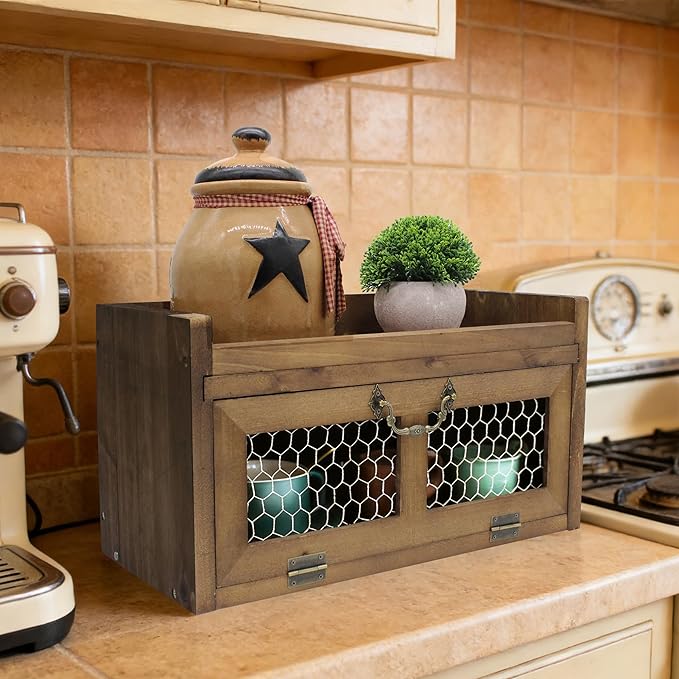 Farmhouse Countertop Storage Organizer, Rustic Wood Kitchen Cabinet with Chicken Wire, Kitchen Pantry Display Shelf, Country Vintage Style. Distress Brown