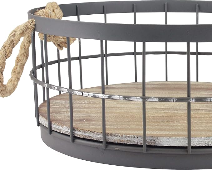 Stonebriar 2pc Round Stackable Metal Wire and Wood Basket Set with Rope Handles, Rustic Decor for Home Storage, Decorative Serving Baskets for Weddings, Birthdays, and Holiday Parties