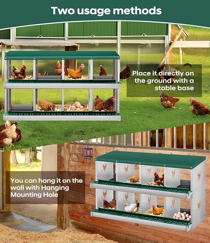 Chicken Nesting Box,8 Compartments Nesting Box for Chickens, Two-Tier Galvanized Metal Wall Mount Chicken Egg Laying Box with Large Vented Holes for Easy Egg Collection ﻿