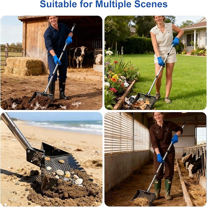 Large 12-Inch 2-in-1 Chicken Poop Scooper & Rake with Handle, Heavy-Duty Metal Chicken Coop Scoop for Sand(35-68"), Chicken Coop Rake Cleaning Tools, Sifting Shovel Goat, Chicken Cleaning Tools