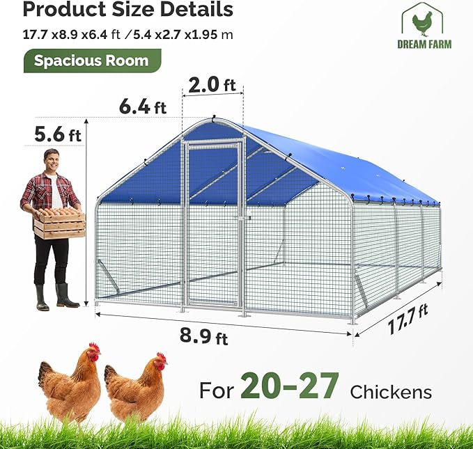 Sino Luban Metal Large Chicken Coop Run with Small Mesh Hardware Cloth for 30 Chickens/Ducks, Chicken Runs for Yard with Waterproof Cover, Chicken Enclosure Pen Outdoor, Walk-in Poultry Cage