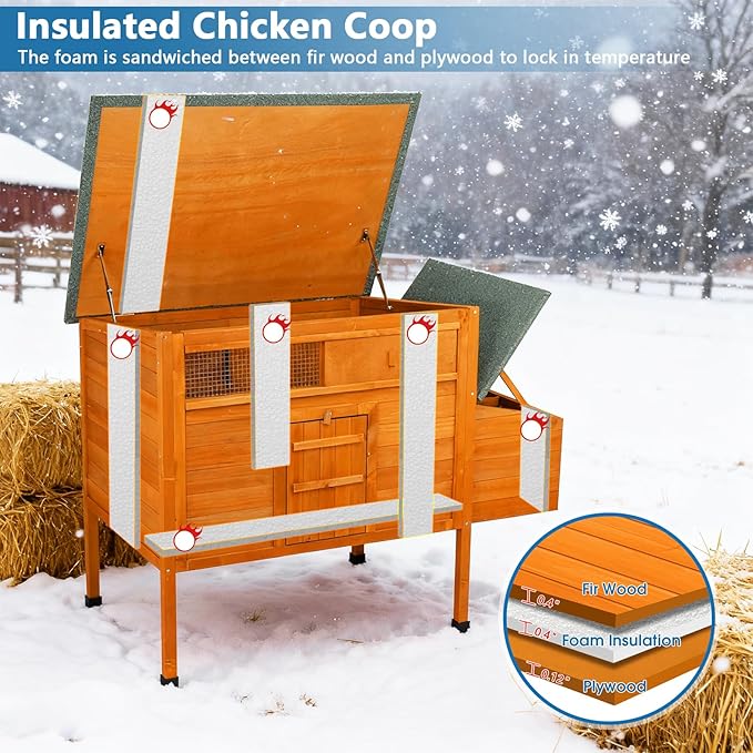 Outdoor Insulated Chicken Coop Weatherproof Wooden Hen House Small Animal Pet Hutch with Elevated Legs Asphalt Roof Removable PVC Layer Nest Box