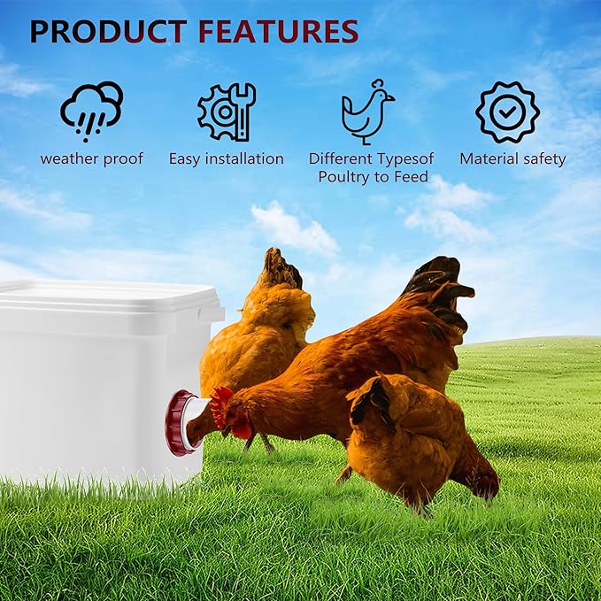 Poultry Feeder No-Waste Automatic Chicken Feeder (6 Ports) - DIY Kit with Hole Saw, Fits Buckets/Barrels/Bins/Troughs (with Covers)