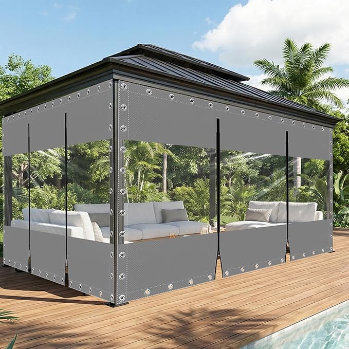 21.16 Oz Heavy Duty Porch Enclosure with Grommets, Grey 10'Wx10'H Clear Tarps Vinyl Patio Enclosure, Thick Clear Heavy-Duty Waterproof PVC Outdoor Curtains for Patio Greenhouse Chicken Coop Covers