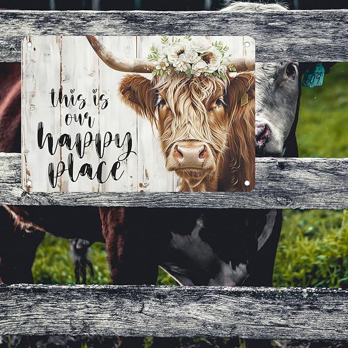 Farmhouse Metal Sign Highland Cow Tin Sign Wall Art This Is Our Happy Place Poster for Home Long Haired Scottish Cow with White Flower Picture Farmhouse Kitchen Decor Framed 12 * 8in