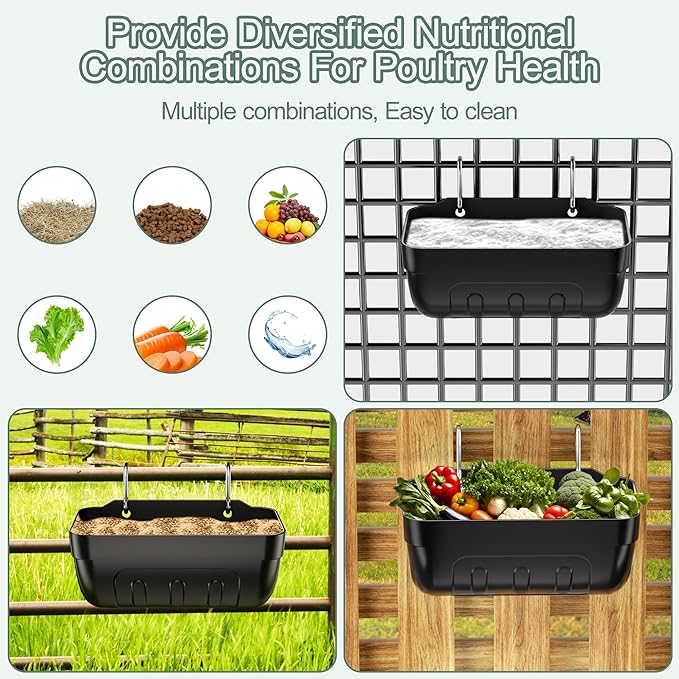 Goat Feeders Hanging, Chicken Waterer Feeder Trough for Poultry Livestock (6 * 3.5 Quart Black)