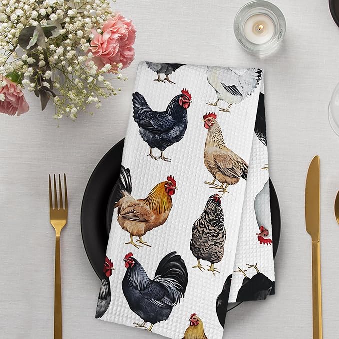 Rustic Chicken Rooster Decor Kitchen Towels and Dish Towel, Farmhouse Chicken Themed Gifts Hand Towels, Rustic Christmas Rooster Cottage Decor Dish Tea Hand Towel for Bathroom Kitchen,16x24