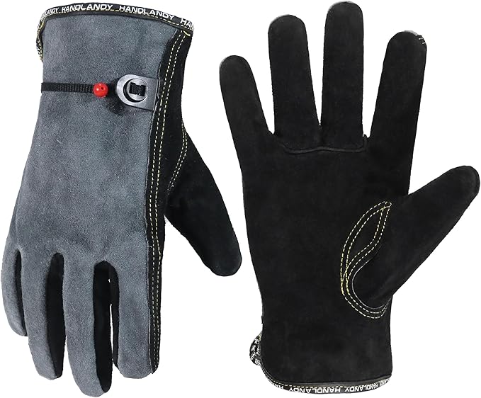 HANDLANDY Leather Work Gloves for Men and Women, Utility Tough Cowhide Glove