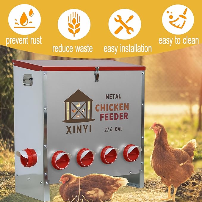 XINYI Automatic Metal Chicken Feeder, 27.6 Gallon Large Capacity with 10 No Waste Ports, Gravity Feeder with Locking Lid & Riveted Handles, Rodent Proof and Weatherproof for Your Chicken Coop