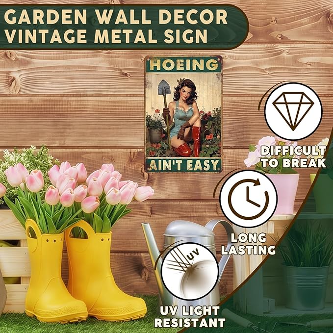 PEACHGARDEN Garden Signs for Outside Hoeing Ain't Easy Funny Garden Metal Signs Wall Decor Aluminum Yard Art for Patio Backyard Greenhouse 8x12 Inch