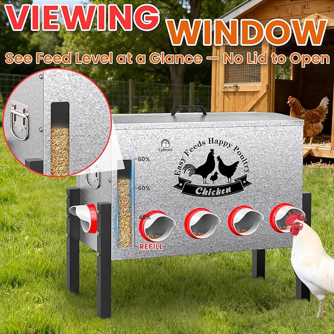 16gal Large Automatic Chicken Feeder - 10 Port No Waste Poultry Feeder, Rust-Proof Alloy Steel with Locking Lid & Adjustable Legs for Chickens, Ducks, Geese, Poultry