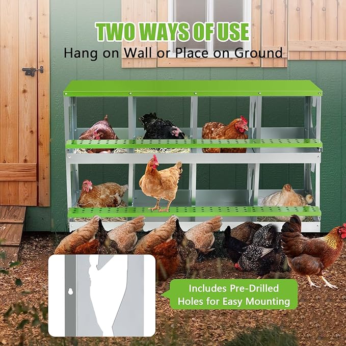 Chicken Nesting Box for Laying Eggs,8 Hole Roll Away Nesting Boxes,Chicken Laying Boxes with Large Vented Holes,Wall-Mountable Chicken Coop Nesting Boxes,Metal Laying Boxes for Hens,Ducks(Green)