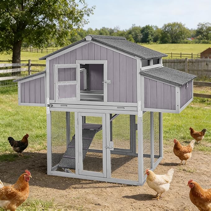 GUTINNEEN Large Foldable Chicken Coop Wooden with Nesting Boxes, Two-Tier Chicken House with Run, PVC-Covered Nest Box, Easy Clean Tray, Predator-Proof Outdoor Poultry Cage for 4–6 Chickens