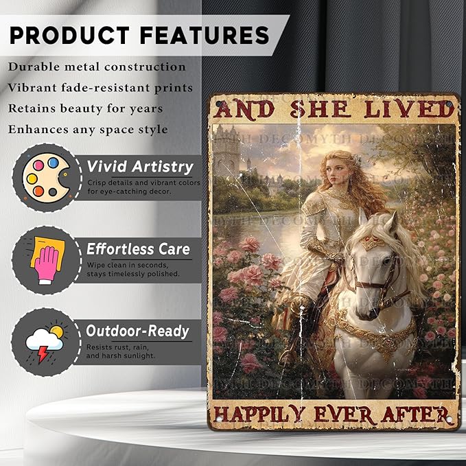 Vintage Horse Tin Sign And She Lived Happily Ever After Retro Girl Metal Poster Funny Pet Lovers Wall Art Cafe Wall Decor for Kitchen Office Garden Plaque Home Bar Plub Club Shop 12 * 16inch
