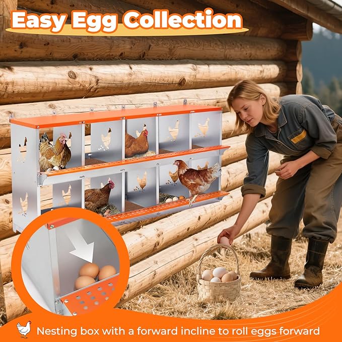 Chicken Nesting Box, 10 Compartment Metal Nesting Boxes for Chickens, Wall Mountable Chicken Laying Boxes, Easy Egg Collection, with Nesting Pads, Indoor & Outdoor Use, 53" L x 17" W x 25" H