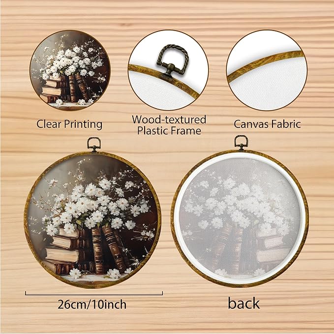 Hiuwevt Daisy Round Wall Art Decor, Vintage Moody Academia Daisy Book Framed Canvas Prints, Cottagecore Floral Botanical Bookish Round Wall Hanging Decor for Bedroom Home Decorations, 10x10 Inches
