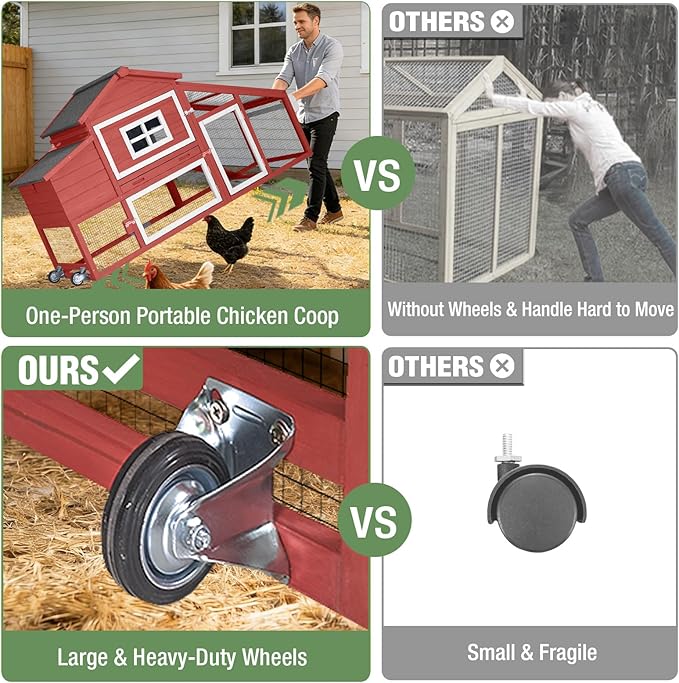 Mobile Chicken Coop with Run, Large Hen House Poultry Cage with Wheels, Nesting Box, Pull-Out Tray, Waterproof Roof, Red, 72.3" L x 26" W x 39.4" H, for 3-5 Chickens
