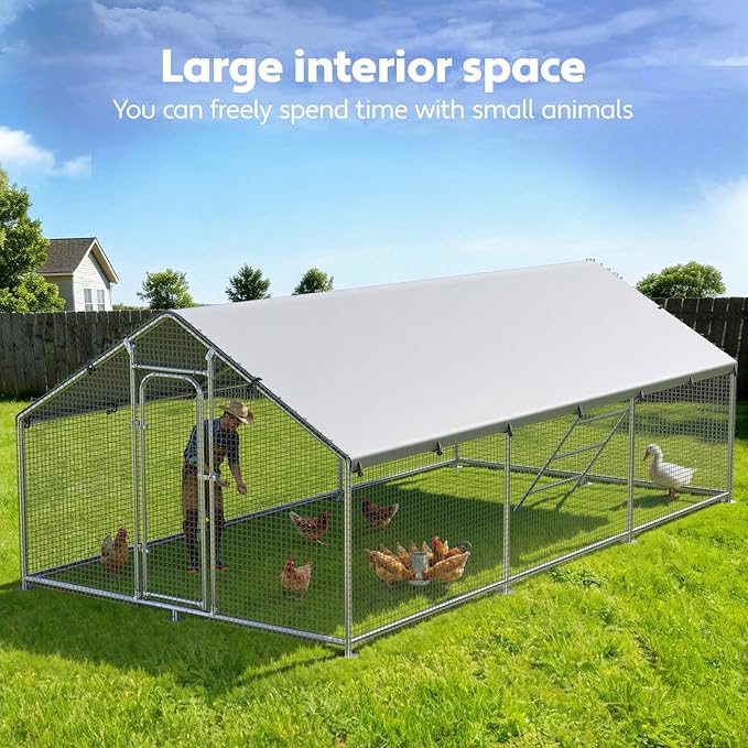 Large Metal Chicken Coop Run with Roosting Perch, Outdoor Poultry Cage with Waterproof & UV-Resistant Cover for Chickens, Ducks, Rabbits in Yard or Farm Use, Spire Roof(8.9'W x17.7'L x 6.6'H)