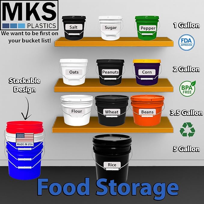 1-Gallon Bucket with Airtight Lid – Made in USA, Food Grade BPA Free Plastic, Heavy Duty Multi-Use, Metal Handle with Grip, Stackable Storage – Black, 1 Pack
