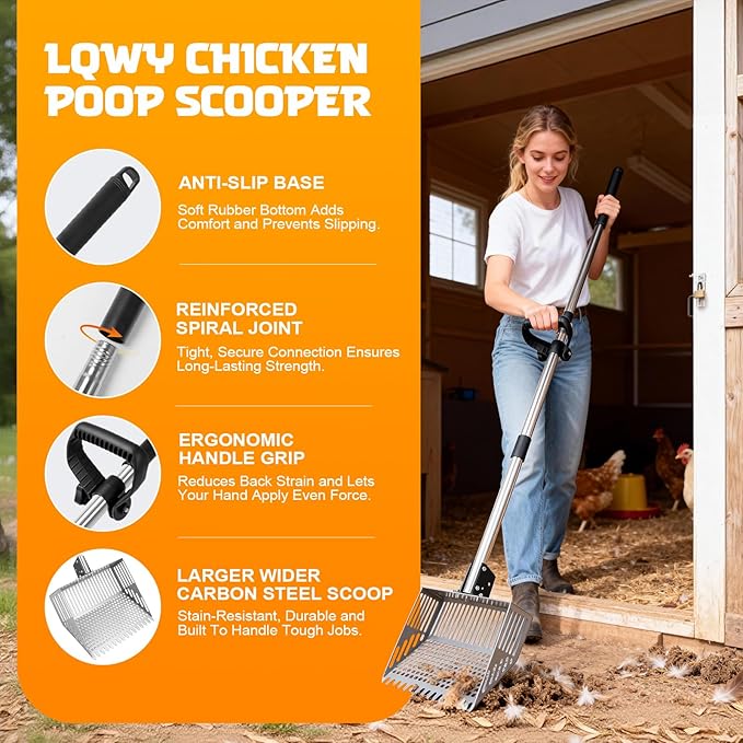 Adjustable Chicken Poop Scooper, 24-70" 4-in-1 Sifting Rake & Shovel, Stainless Steel Cleaner for Chicken Coop, Goat Stall, Rabbit Hutch, Pet Waste Small