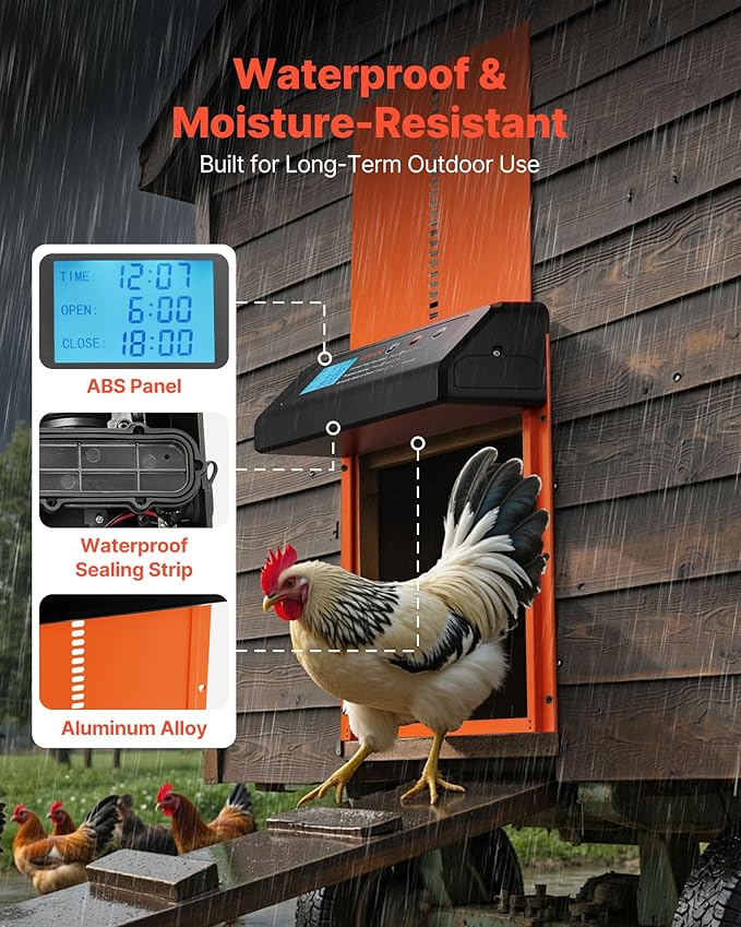 VEVOR Automatic Chicken Coop Door, Battery Powered Chicken Coop Door with Timer & Manual Setting, Anti-Pinch Security, Durable Aluminum Alloy, Chick Run Gate Opener with Waterproof Sealing, Orange