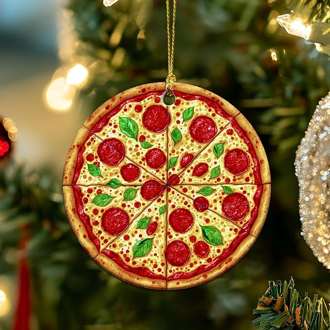 Pizza Ornaments for Christmas Tree - Pizza Gifts for Food Lovers, Women, Men - Food Ornaments for Christmas Tree - Pepperoni Lovers Ceramic Ornament