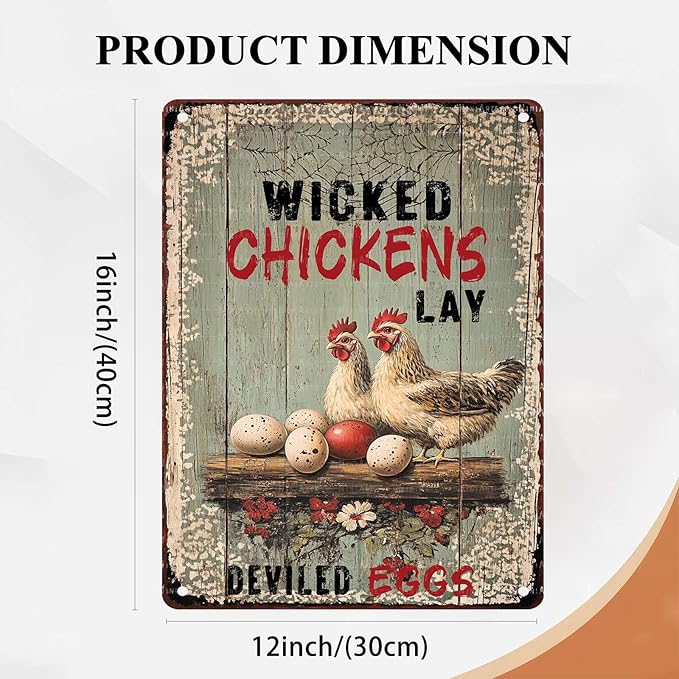 Wicked Chickens Lay Deviled Eggs Metal Signs Vintage Room Decor Aesthetic Wall Art Tin Sign Gift for Garage Bathroom Living Room Man Cave Bar 12X16Inch