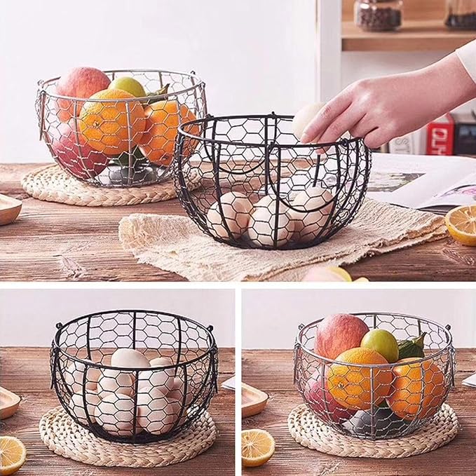 Metal Wire Egg Basket For Collecting Eggs, Chicken Wire Egg Baskets With Handle, Round Handle Egg Basket Vintage Style, Collect & Gathering Basket For Egg,Countertop Egg Basket Holder