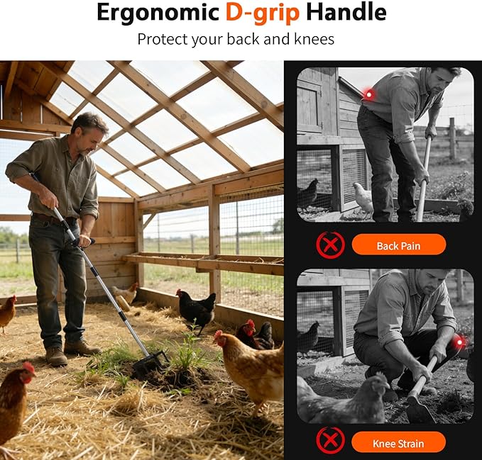 Chicken Poop Scooper, 35–75'' Adjustable Chicken Coop Scoop with Ergonomic Handle, 2-in-1 Scoop Shovel & Poop Rake for Easy Waste Cleaning, Multi-Purpose for Henhouse, Sandpit, Cattle Shed