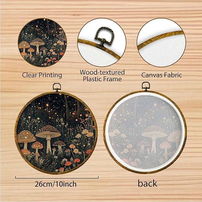 Hiuwevt Mushroom Round Wall Art Decor, Mystical Magical Enchanted Mushroom Forest Framed Canvas Prints, Vintage Fantasy Dark Moody Round Wall Hanging Decor for Bedroom Home Decorations, 10x10 Inches