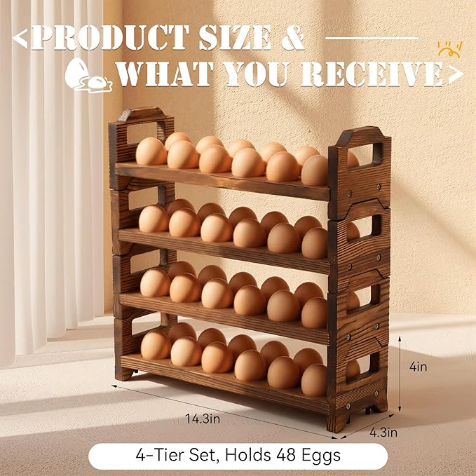 LemonRoad 4 Tier Wooden Egg Holder for Countertop, Pine Stackable Fresh Egg Storage Farmhouse Collecting Rack for Gathering Kitchen Organizer Duck Eggs Display, Stackable with 48 Eggs