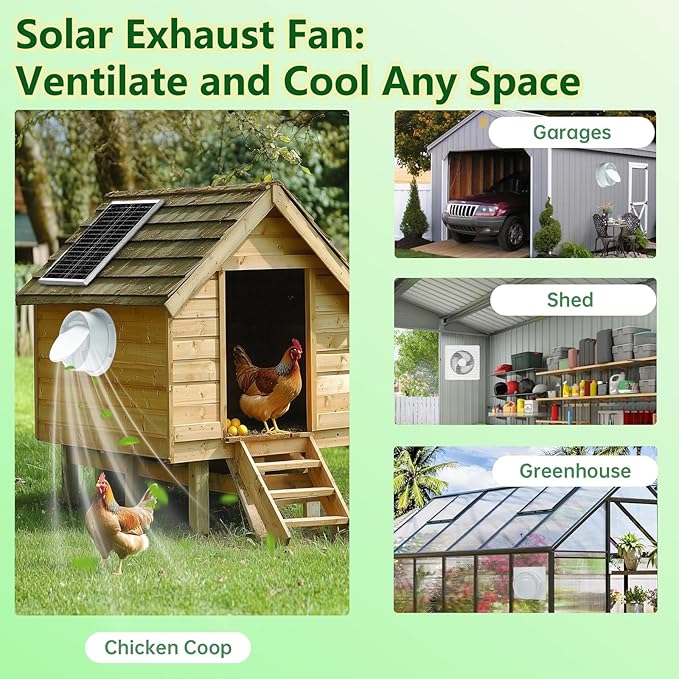 Solar Powered Fan, 9.1" Solar Exhaust Fan Kit, 25W Waterproof Chicken Coop Fans with 14.8Ft On/Off Switch Cable & Power Adapter, Cooling Ventilation for Greenhouse, Shed, Outside, Garages, Dog House