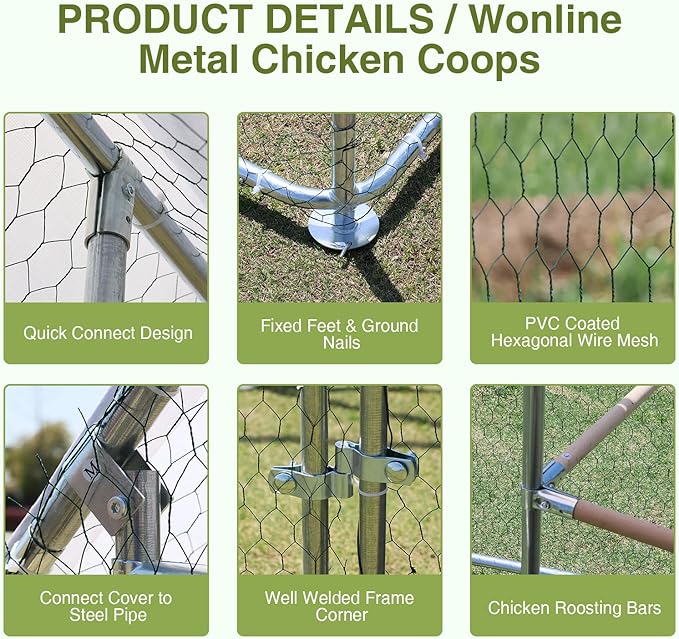 Chicken Coop Large Metal Chicken House/Pen for 15-20 Chickens, Outdoor Walk-in Poultry Cage Spire Shape for Ducks, Rabbits, Dogs Etc, Silver (196.85" L x 39.37" W x 59" H)
