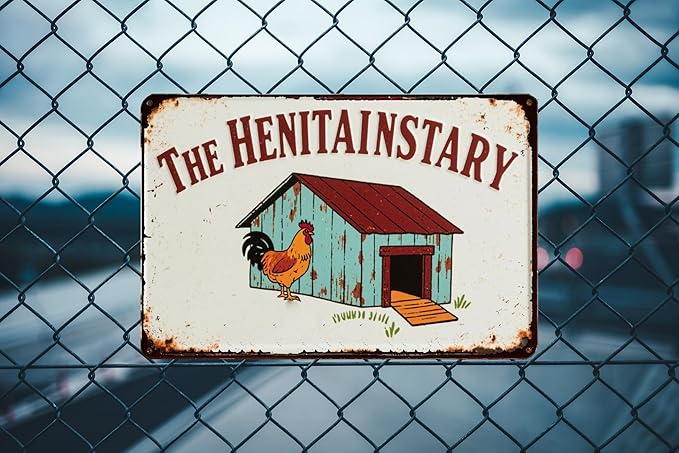 Henitentiary Sign - Funny Chicken Coop Metal Sign for Farmhouse, Patio, or Garage - 12x8 Inch Rustic Wall Decor, Door Plaque