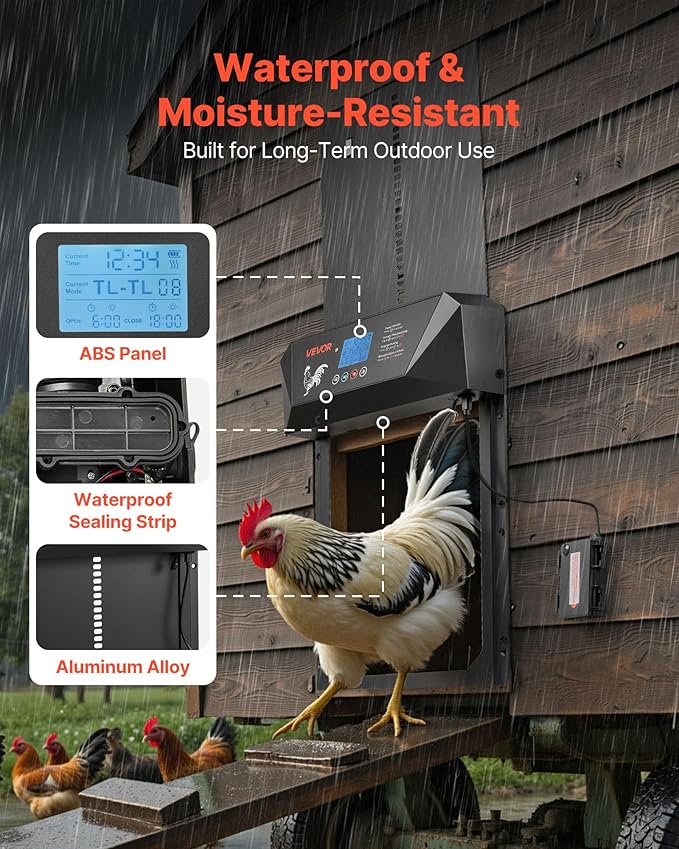 VEVOR Automatic Chicken Coop Door, DC & Battery Powered Chicken Door with LCD Display, Light Sensor, Timer & Manual Setting, Anti-Pinch Security, Durable Aluminum Alloy, Chick Run Gate Opener for Farm