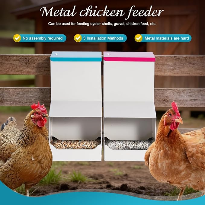 2PCS Metal Automatic Chicken Feeder, Wall Mount Hanging Poultry Feeder Dispenser with 2 Ports, 7lb Chicken Grit and Oyster Shell Feeder Trough No Waste for Outside Coop Quail Ducks Turkeys