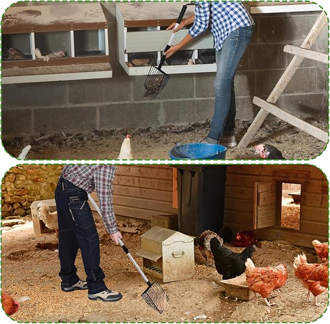 2pack Chicken Poop Scoopers,3 in 1 Adjustable Sifting Shovel for Chicken Coop Non-Stick Metal Chicken Coop Cleaning SuppliesTools Scooper Poop Shovel for Sifting Chicken Sand and Wood Shavings