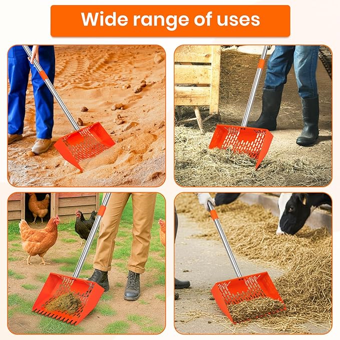 2-in-1 Chicken Poop Scooper & Rake Chicken Coop Scooper for Sand, with Adjustable Long Handle, Sifting Shovel, Chicken Scooper for Poop, Metal, Safety Orange