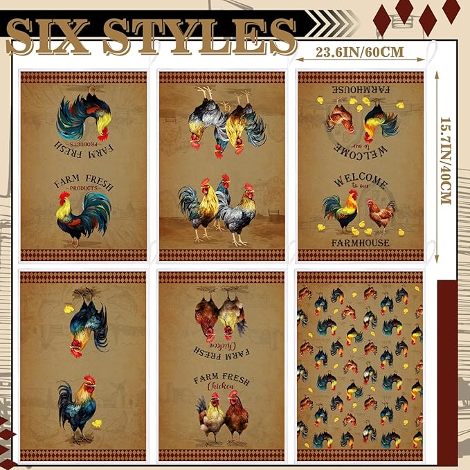 Bencailor 6 Pcs Farmhouse Kitchen Towels Chicken Rooster Kitchen Decor Farm Animal Hand Towels for Cooking Baking Housewarming Gift,15.75 x 23.62 inch(Brown,Retro Chicken Print)