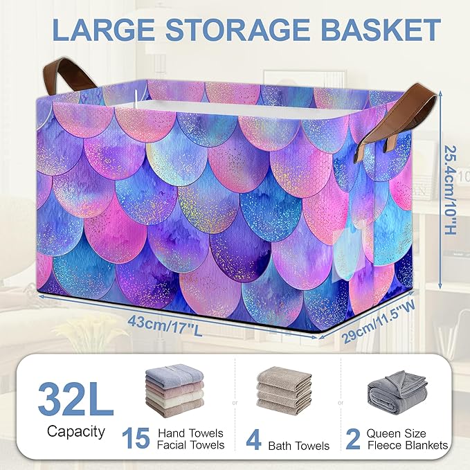 Glitter Fish Scales Storage Baskets,Mermaids Foldable Organizer Bin with Handles for Home Living Room Bedroom Closet Box 17x11.5x10Inch