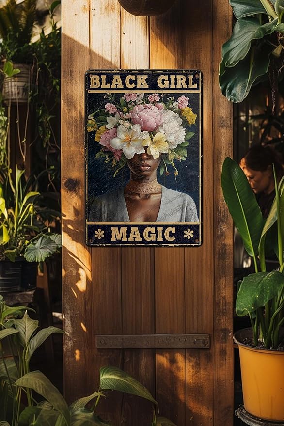 HARIKUIYIN Rutro Metal Tin Sign African American Novelty Plaque Poster Black Girl Magic Metal Poster Office Rustic Home Kitchen Bathroom Cafe Aluminium Sign Wall Decor 16x12 Inch