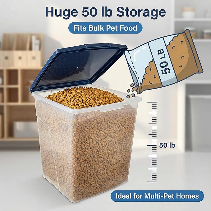 50 Ib Dog Food Storage Container,Extra-Large Dog Storage with Roller Wheels & Locking Lid，Suitable for Dog Cat Bird and Other Pet Food Storage Bin