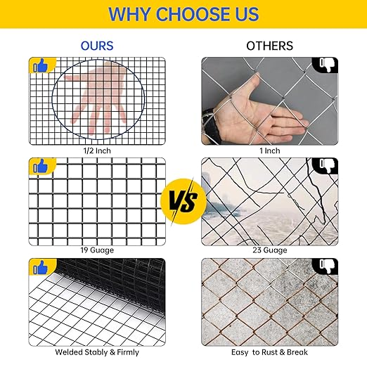 Hardware Cloth, 1/2 inch 48" x 100' Galvanized Chicken Wire Fence, 19 Gauge Vinyl Coated Wire Mesh Roll, Black Welded Wire Fencing Roll Gopher Wire Mesh Roll for Garden Fencing Rabbit Snake Wire