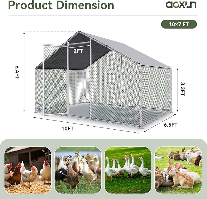 Aoxun Metal Chicken Coop, Outdoor Chicken Runs for Yard with Cover, Spire Roof Hen House Enclosure with Security Lock, Walk-in Cage Peak Hen House for Yard Farm (10x6.5x6.4 FT)