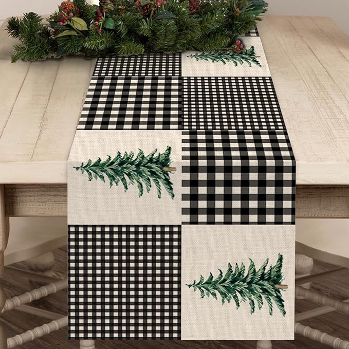 Seliem Black White Buffalo Plaid Check Table Runner, Pine Tree Winter Home Kitchen Decor, Christmas Seasonal Farmhouse Holiday Rustic Burlap Dining Decoration Housewarming Gift Party Supply 13X36