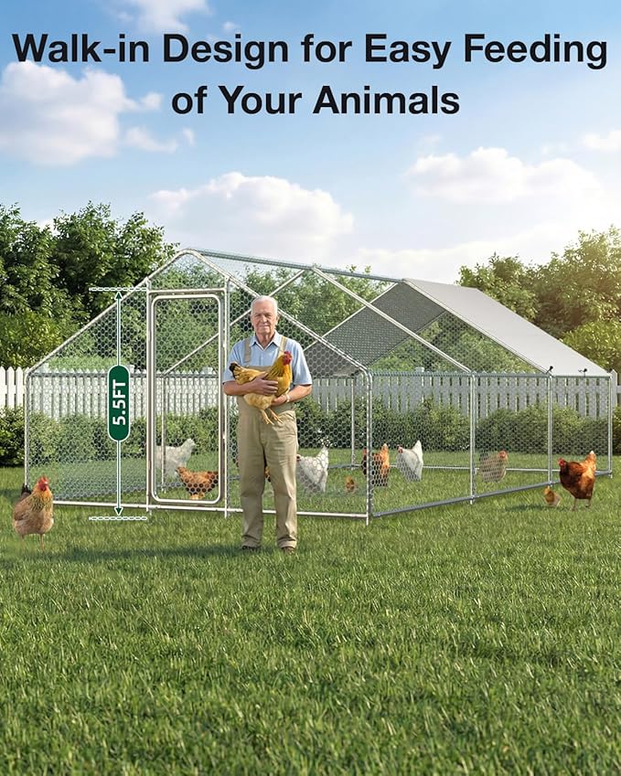 Esright Extra Large Metal Chicken Coop Run for Yard with Cover, 19.5x10x6.4 FT Walk-in Chicken Pen for Outdoor, Backyard, and Farm, Hen Cage House Suitable for 15-20 Chickens, Spire Roof