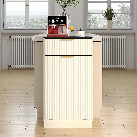 Woodgrain Tilt Out Trash Can Cabinet 13 Gallon, Hidden Kitchen Garbage Can with Drawer, Pull-Out Recycling Bin, Farmhouse Laundry Hamper Organizer (Ancient White)