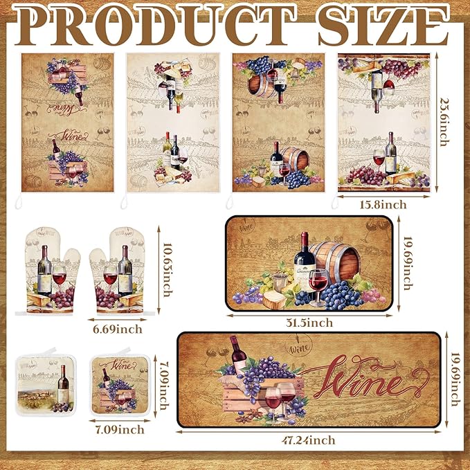 10 Pcs Wine Kitchen Dish Towels Rugs Oven Mitts and Pot Holders Set Farmhouse Kitchen Decor Set for Women Mom Daughter Gift Cooking Baking Grilling (Rustic Color)