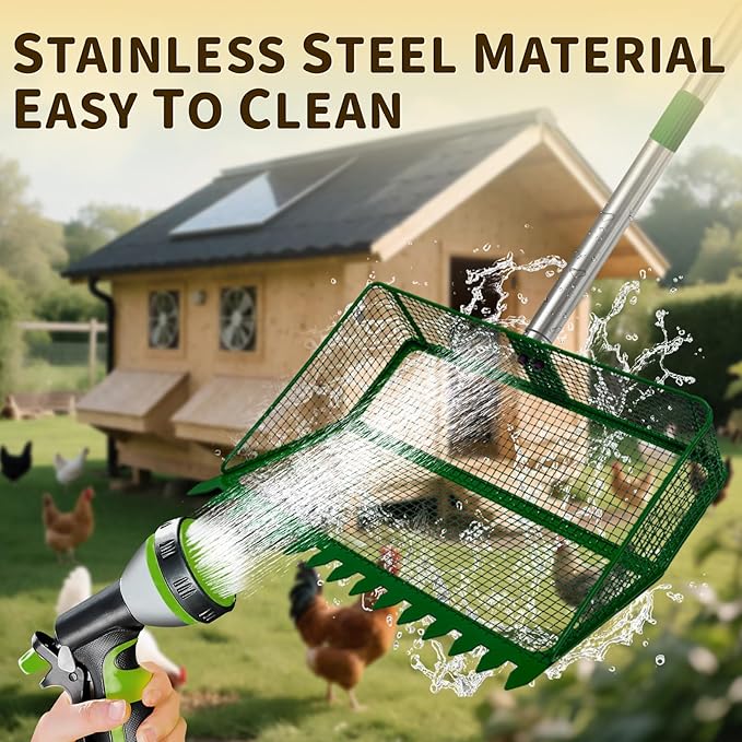 2-in-1 Chicken Coop Scooper: Extra Large 12” Poop Scooper & Rake with Adjustable Handle (37”-65”) | Heavy-Duty Metal Shovel for Quick Pet Waste, Rabbit, Guinea Pig, Barn Cleaning | US Patent Pending