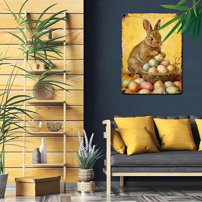 YoyaVex Easter Bunny Metal Sign Vintage Farmhouse Decorative Eggs Rustic Wall Art For Home Cafe Restaurant Garage Patio Garden Decor 12X16Inch